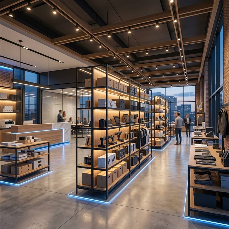 Interior moderno e iluminado de um espaço comercial atendido pela WA Soluções Integradas
